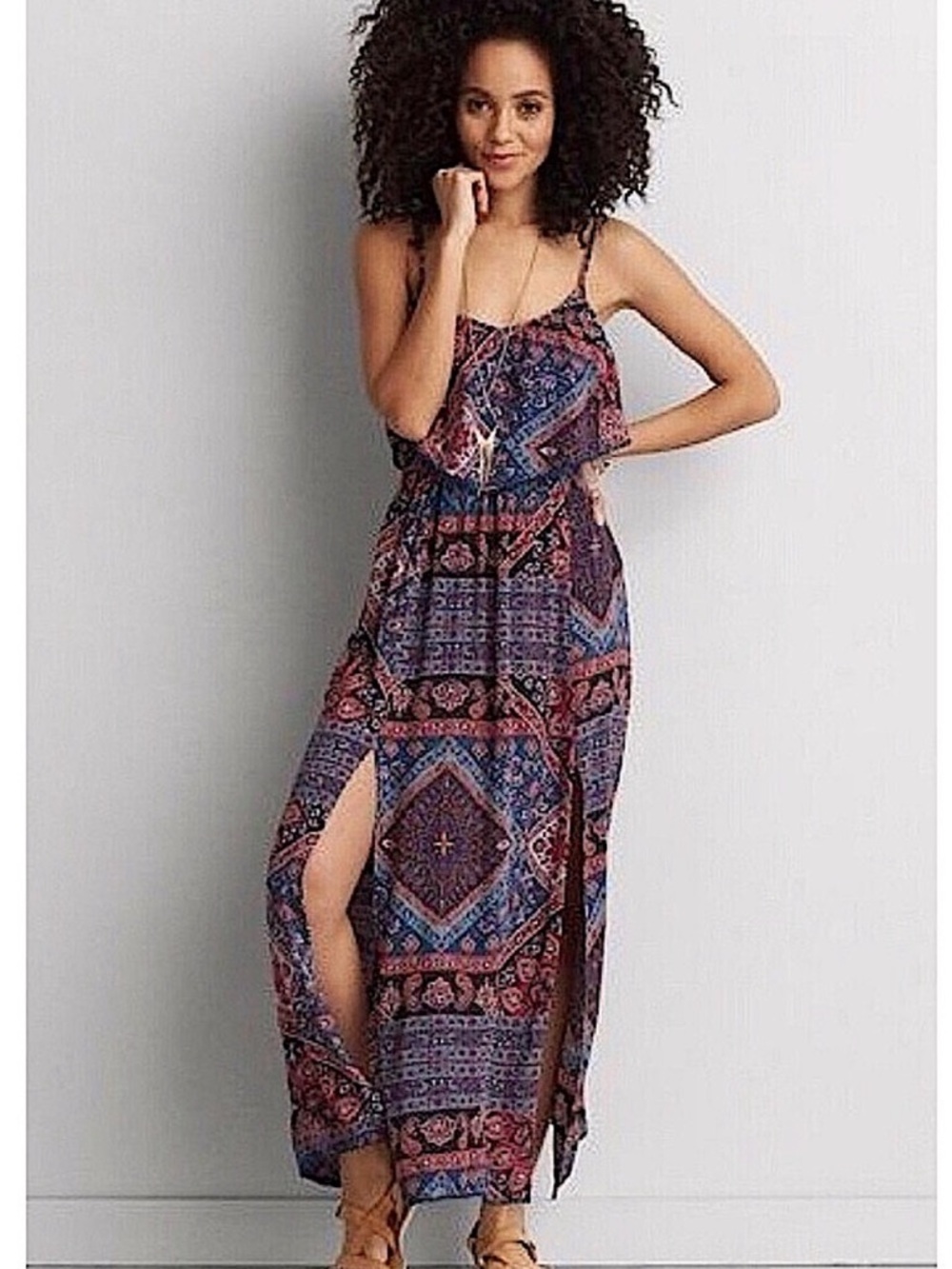American Eagle Outfitters Navy and Pink Printed Maxi Dress